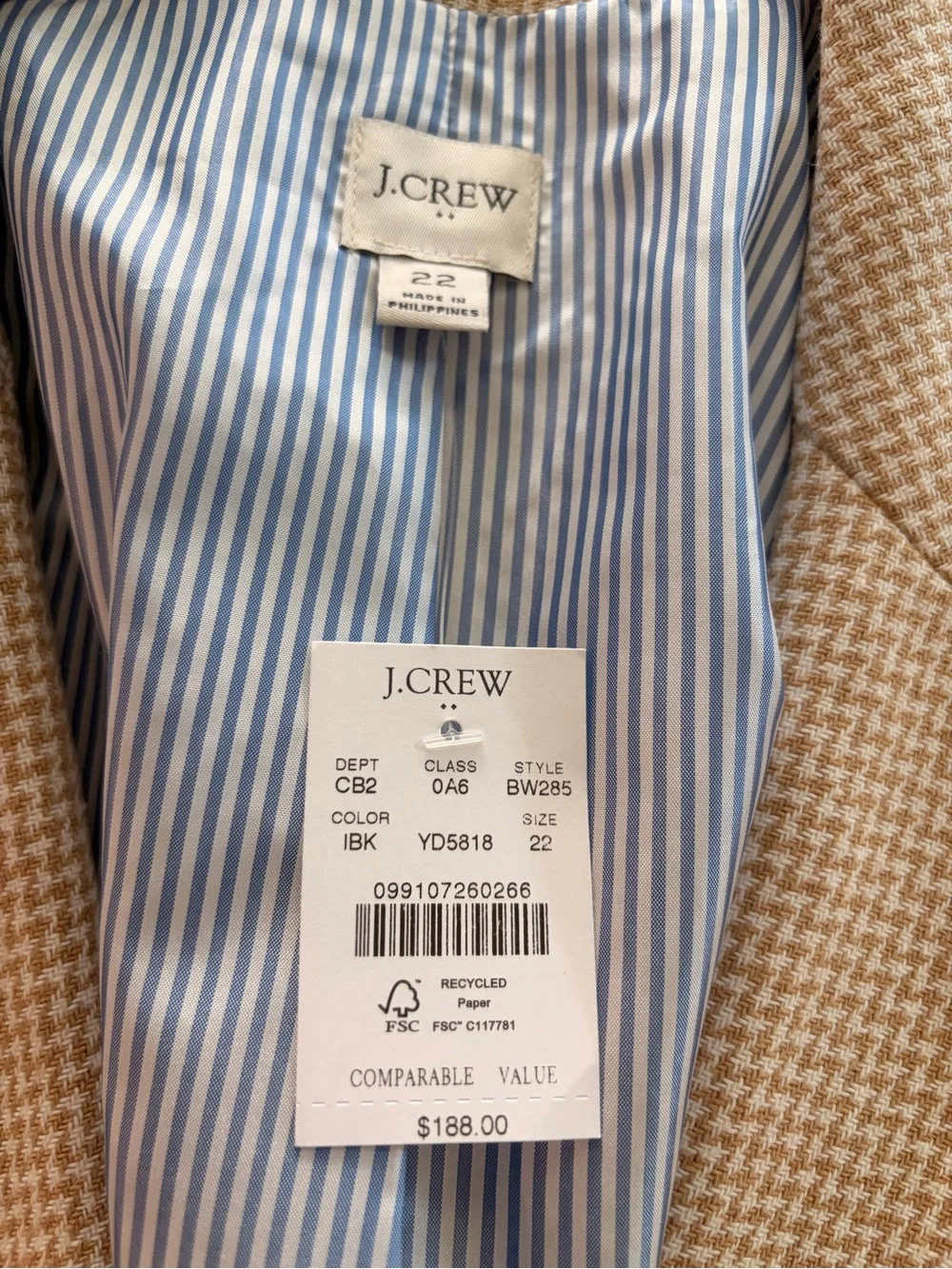 NWT J. Crew Houndstooth Single-Button Blazer Ivory British Khaki Women’s Size 22